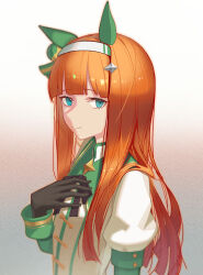 Rule 34 | 1girl, animal ears, black gloves, bow, bowtie, closed mouth, ear covers, gloves, gradient background, green eyes, hairband, hand on own chest, highres, horse ears, jacket, juliet sleeves, long hair, long sleeves, looking at viewer, orange hair, puffy sleeves, silence suzuka (umamusume), smile, solo, umamusume, upper body, white jacket, yakupan