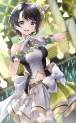 Rule 34 | 1girl, :d, absurdres, armlet, bare shoulders, belt, black hair, black thighhighs, blue eyes, blurry, blurry background, bow, bow skirt, breasts, cowboy shot, depth of field, dutch angle, gloves, halterneck, hat, headset, highres, hololive, hololive idol uniform, idol, idol clothes, large breasts, layered skirt, looking at viewer, mini hat, mini top hat, miniskirt, navel, official alternate costume, oozora subaru, open mouth, overskirt, short hair, skirt, sleeveless, smile, solo, stage, steepled fingers, subaru duck, swept bangs, thighhighs, top hat, tsurupy, virtual youtuber, white bow, white gloves, white skirt, wrist cuffs, yellow hat, yellow skirt
