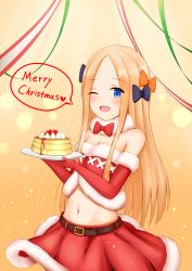 Rule 34 | 1girl, abigail williams (fate), bare shoulders, belt, black bow, blonde hair, blue eyes, blush, bow, breasts, christmas, crop top, elbow gloves, fate/grand order, fate (series), food, forehead, fur-trimmed gloves, fur-trimmed skirt, fur collar, fur trim, gloves, gradient background, hair bow, kuronuketaiyo, long hair, looking at viewer, merry christmas, midriff, multiple bows, navel, one eye closed, orange bow, pancake, parted bangs, plate, polka dot, polka dot bow, red bow, red gloves, red skirt, ribbon, santa costume, skirt, small breasts, smile, solo, yellow background