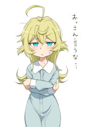 Rule 34 | 10s, 1girl, ahoge, bad id, bad tinami id, blonde hair, blue eyes, check translation, crossed arms, female focus, frown, funnyari, long hair, looking at viewer, nightgown, pajamas, simple background, solo, standing, sweatdrop, tanya degurechaff, translation request, upper body, v-shaped eyebrows, white background, youjo senki