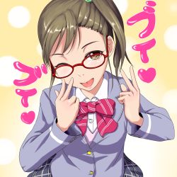 Rule 34 | 10s, 1girl, bespectacled, brown eyes, brown hair, clearite, futami mami, glasses, idolmaster, idolmaster (classic), idolmaster 2, long hair, one eye closed, school uniform, side ponytail, solo, tongue, wink