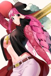Rule 34 | 1girl, arm up, belt, black eyes, black hat, black jacket, blunt bangs, blush, braid, breasts, brown belt, cleavage, cosplay, cowboy shot, cross, cross necklace, dracule mihawk, dracule mihawk (cosplay), drill hair, eyelashes, hand on headwear, hat, jacket, jewelry, joman, korean commentary, large breasts, lipstick, long hair, long sleeves, looking at viewer, makeup, navel, necklace, no bra, one piece, open clothes, open jacket, pants, parted lips, perona, pink hair, red lips, side braids, simple background, solo, standing, stomach, sword, waist cape, weapon, weapon on back, white background, white pants, yoru (sword)