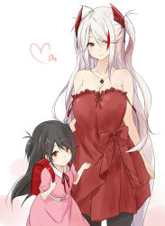 Rule 34 | 2girls, absurdres, azur lane, backpack, bag, bare shoulders, black hair, black legwear, breasts, cleavage, commentary request, dress, hair ornament, hairclip, heart, highres, if they mated, long hair, looking at viewer, mother and daughter, multicolored hair, multiple girls, orange eyes, pantyhose, pink dress, pink hair, prinz eugen (azur lane), randoseru, red dress, red hair, saku (kudrove), smile, strapless, strapless dress, streaked hair, two side up, very long hair