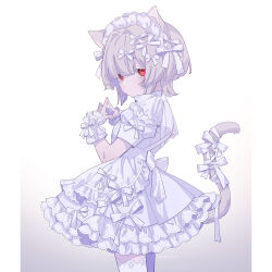 Rule 34 | 1girl, absurdres, animal ears, apron, cat ears, cat girl, cat tail, dress, frilled apron, frilled dress, frills, frown, goshi-san, gradient background, grey hair, hair ribbon, hairband, highres, lace, lace-trimmed legwear, lace trim, looking at viewer, maid, maid headdress, original, own hands together, red eyes, ribbon, short hair, short sleeves, solo, steepled fingers, tail, tail ornament, tail ribbon, thighhighs, white apron, white dress, white ribbon, white thighhighs, wrist cuffs