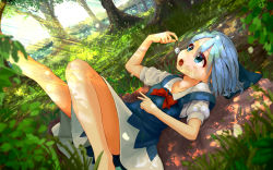 Rule 34 | 1girl, absurdres, arm up, barefoot, blue bow, blue dress, blue eyes, blue hair, blue sky, bow, bowtie, bush, cirno, collar, collared shirt, commentary, dress, english commentary, eyes visible through hair, grass, hair between eyes, hand up, highres, ice, jean bomjan, leaf, leg up, light, looking up, lying, no wings, open mouth, puffy short sleeves, puffy sleeves, red bow, red bowtie, scenery, shadow, shirt, short hair, short sleeves, sky, solo, sunlight, teeth, tongue, touhou, tree, v, white shirt