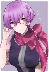 Rule 34 | 1girl, aiueo1234853, bad id, bad twitter id, breasts, closed mouth, fire emblem, fire emblem: new mystery of the emblem, fire emblem heroes, glasses, grey background, grey eyes, highres, katarina (fire emblem), large breasts, nintendo, purple hair, red-framed eyewear, red scarf, scarf, short hair, short sleeves, simple background, smile, solo, upper body