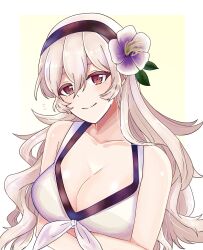 Rule 34 | 1girl, arms under breasts, bikini, breasts, cleavage, corrin (female) (fire emblem), corrin (female) (summer) (fire emblem), corrin (fire emblem), crossed arms, fire emblem, fire emblem fates, fire emblem heroes, flower, hair flower, hair ornament, hairband, highres, large breasts, long hair, looking at viewer, n 54, nintendo, official alternate costume, smile, solo, swimsuit, upper body, white bikini