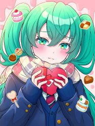 Rule 34 | 1girl, alternate costume, aqua hair, blue cardigan, blush, box, candy, cardigan, chocolate, chocolate heart, closed mouth, cookie, cream, dot nose, floating, floating object, food, fruit, furrowed brow, gift, hair between eyes, hatsune miku, heart, heart-shaped box, heart-shaped lollipop, highres, holding, holding gift, lollipop, long hair, looking at viewer, necktie, outline, pink background, print scarf, red necktie, sandwich cookie, scarf, school uniform, shaped lollipop, shirt, sidelocks, simple background, stain, strawberry, twintails, uzuki sena, valentine, very long hair, vocaloid, white outline, white shirt