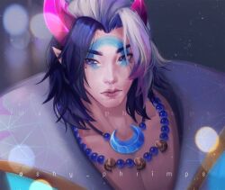 Rule 34 | 1boy, aphelios, artist name, bead necklace, beads, black hair, closed mouth, crescent, crescent necklace, facial mark, grey hair, horns, jewelry, league of legends, male focus, mole, mole under eye, necklace, official alternate costume, pink horns, pointy ears, portrait, shy louise, solo, spirit blossom aphelios