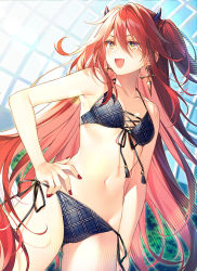 Rule 34 | 1girl, bikini, black bikini, breasts, character request, cleavage, commentary request, fang, fingernails, halterneck, hand on own hip, long hair, looking away, medium breasts, midriff, nail polish, navel, open mouth, red nails, seiken gakuin no maken tsukai, seiken maken, side-tie bikini bottom, solo, stomach, swimsuit, very long hair, yellow eyes