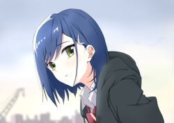 Rule 34 | 1girl, black hoodie, blue hair, blurry, blurry background, bob cut, cityscape, close-up, cloud, cloudy sky, commentary, crane (machine), darling in the franxx, depth of field, diagonal-striped clothes, diagonal-striped necktie, dress shirt, from side, green eyes, grey sky, hair ornament, hairclip, hanaharupapa, hood, hood down, hoodie, ichigo (darling in the franxx), light blush, long sleeves, looking at viewer, looking to the side, loose hair strand, necktie, outdoors, parted lips, portrait, red necktie, scene reference, school uniform, shirt, short hair, sky, skyline, solo, striped clothes, swept bangs, two-tone necktie, white shirt, yellow necktie