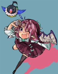 Rule 34 | 1girl, animal ears, bird, black thighhighs, chatot, creatures (company), dress, earrings, female focus, from above, game freak, gen 4 pokemon, harco izm, hat, holding, jewelry, legs, mystia lorelei, nintendo, one eye closed, open mouth, perspective, pink eyes, pink hair, pointy ears, pokemon, pokemon (creature), pokewalker, shadow, simple background, tamagotchi, thighhighs, touhou, wide sleeves, wings, wink