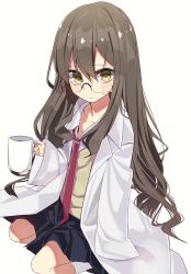 Rule 34 | 1girl, age regression, aged down, black skirt, blush, brown eyes, brown hair, coffee mug, collarbone, collared shirt, commentary, cup, futaba rio, glasses, hair between eyes, holding, holding cup, kneehighs, lab coat, long hair, long sleeves, looking at viewer, mug, necktie, oversized clothes, pleated skirt, red necktie, seishun buta yarou, shirousa, shirt, simple background, skirt, sleeves past fingers, sleeves past wrists, socks, solo, sweat, sweater vest, very long hair, white background, white shirt, white socks