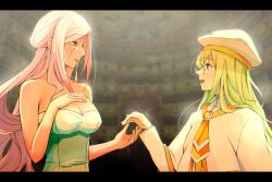 Rule 34 | 2girls, alice carroll, andanden, aria (manga), aria the crepuscolo, armpit crease, athena glory, bare shoulders, blurry, blurry background, breasts, capelet, cleavage, dark-skinned female, dark skin, depth of field, dress, gold trim, green dress, green hair, grey eyes, hair between eyes, hand on own chest, hand up, hands up, highres, indoors, large breasts, letterboxed, long hair, multiple girls, necktie, orange necktie, orange planet uniform, parted bangs, pink hair, sidelocks, strapless, strapless dress, undine (aria), upper body, white capelet, white headwear