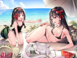 Rule 34 | 2girls, :d, akemi homura, bare arms, bare legs, bare shoulders, barefoot, beach, beach umbrella, bikini, black bikini, black hair, black one-piece swimsuit, blue sky, blurry, blurry background, blush, bottle, bow, breasts, casual one-piece swimsuit, cloud, commentary request, commission, dated, day, depth of field, english text, eye contact, flower, food, frilled one-piece swimsuit, frilled swimsuit, frills, fruit, hair between eyes, hair bow, hair flower, hair ornament, hairband, hat, hat bow, unworn hat, hat ribbon, unworn headwear, highres, horizon, ia (ias1010), kyubey, long hair, looking at another, mahou shoujo madoka magica, mahou shoujo madoka magica: hangyaku no monogatari, medium breasts, multiple girls, ocean, one-piece swimsuit, open mouth, outdoors, purple eyes, red bow, red flower, red hairband, red ribbon, ribbon, sand, signature, sky, small breasts, smile, starfish, sun hat, swimsuit, umbrella, very long hair, water, watermelon, white umbrella