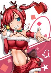 Rule 34 | 1girl, antlers, azur lane, blue eyes, christmas, horns, microphone, navel, one eye closed, pointing, red hair, san diego (azur lane), santa costume, solo, tagme, twintails, wink
