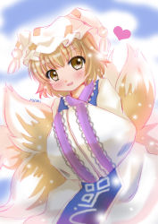 Rule 34 | 1girl, absurdres, animal hat, artist name, blonde hair, dress, fox tail, gradient background, hands in opposite sleeves, hat, hat with ears, heart, highres, leaning forward, looking at viewer, mayuki (nami1120), mob cap, multiple tails, open mouth, mob cap, short hair, sketch, solo, tabard, tail, touhou, yakumo ran, yellow eyes