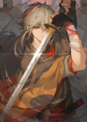 Rule 34 | 1boy, 6+others, absurdres, armor, autumn leaves, bandaged arm, bandages, belt, black gloves, brown belt, brown robe, closed mouth, fingerless gloves, fingernails, genshin impact, gloves, grey hair, hair between eyes, hands up, helmet, highres, holding, holding sword, holding weapon, kaedehara kazuha, katana, knight, long sleeves, looking at viewer, male focus, multicolored hair, multiple others, mushi c jun, outdoors, pink sky, ponytail, red eyes, red hair, red shirt, robe, shirt, short hair, short ponytail, short sleeves, sky, sparkle, standing, streaked hair, sword, two-tone hair, v-shaped eyebrows, weapon, wide sleeves