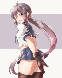 Rule 34 | 1girl, akebono (kancolle), akebono kai ni (kancolle), angry, arthur ko, ass, black gloves, black thighhighs, blouse, blue sailor collar, blue skirt, brown hair, commentary request, fang, flower, from side, gloves, grey background, grey eyes, hair between eyes, hair flower, hair ornament, head tilt, highres, kantai collection, long hair, looking at viewer, miniskirt, open mouth, pleated skirt, ponytail, sailor collar, school uniform, serafuku, shirt, short sleeves, sidelocks, signature, simple background, skin fang, skirt, solo, standing, surprised, thighhighs, thighs, very long hair, white background, white shirt