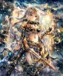 Rule 34 | 10s, 1girl, arrow (projectile), artist request, bow (weapon), circlet, crossbow, cygames, deathchaser, gold trim, hitodama, hood, hood down, long hair, navel, official art, red eyes, revealing clothes, scabbard, shadowverse, sheath, shingeki no bahamut, skirt, solo, sword, town, tree, weapon, white hair