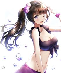 Rule 34 | 1girl, ;d, absurdres, arm up, bang dream!, bikini, black bikini, black bow, black hair, blunt bangs, bow, bow swimsuit, breasts, cleavage, collarbone, cowboy shot, earrings, flower, from side, groin, hair flower, hair ornament, highres, jewelry, large breasts, light rays, long hair, looking at viewer, mia (fai1510), navel, one eye closed, open mouth, purple eyes, purple flower, purple rose, purple scrunchie, rose, sarong, scrunchie, see-through, see-through sarong, shading eyes, shirokane rinko, side ponytail, signature, simple background, smile, solo, sparkle, stomach, sunbeam, sunlight, swimsuit, water drop, white background, white flower, white rose, wrist scrunchie
