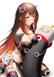 Rule 34 | 1girl, absurdres, android, bare shoulders, blush, breasts, brown hair, cleavage, collarbone, gloves, gradient hair, hair between eyes, hair ornament, highres, holding, hololive, long hair, looking at viewer, mechanical arms, mechanical legs, medium breasts, multicolored hair, parted lips, roboco-san, robosaa (roboco), roina (effj7473), sitting, solo, virtual youtuber, wariza, yellow eyes