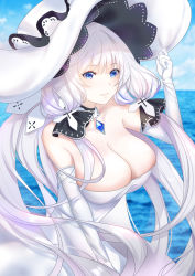 Rule 34 | 1girl, absurdres, azur lane, bare shoulders, black ribbon, blue eyes, blue gemstone, breasts, bursting breasts, cleavage, dress, elbow gloves, gem, gloves, hair ribbon, hat, highres, huge breasts, illustrious (azur lane), lace-trimmed headwear, lace trim, long hair, looking at viewer, red october, ribbon, sleeveless, sleeveless dress, solo, strapless, strapless dress, sun hat, tress ribbon, tri tails, very long hair, water, white dress, white gloves, white hair