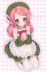 Rule 34 | 1girl, absurdres, apron, beret, blush, bow, bowtie, checkered background, collared dress, detached sleeves, dress, frilled apron, frills, green eyes, hair ornament, hairclip, hat, highres, long hair, long sleeves, looking at viewer, momone momo, own hands clasped, own hands together, pink hair, ribbon-trimmed thighhighs, ribbon trim, robot ears, sitting, sleeveless, sleeveless dress, sleeves past wrists, smile, solo, thighhighs, utau, wariza, yuiitsu