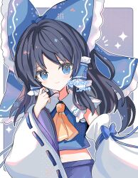 Rule 34 | 1girl, ascot, black hair, blue background, blue bow, blue eyes, blue skirt, blue vest, border, bow, chest sarashi, closed mouth, collar, collared vest, commentary, cowboy shot, detached sleeves, frilled bow, frilled collar, frilled hair tubes, frills, hair bow, hair tubes, hakurei reimu, hand up, highres, light blush, long hair, long sleeves, midriff, navel, notice lines, outline, outside border, palette swap, polka dot, polka dot background, ribbon-trimmed sleeves, ribbon trim, sarashi, shirocha tei, simple background, skirt, skirt set, sleeve bow, smile, solo, sparkle, touhou, twitter username, vest, white border, white collar, white outline, white sleeves, wide sleeves, yellow ascot