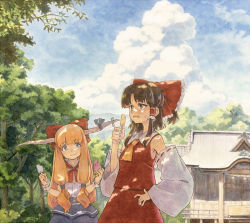 Rule 34 | 2girls, architecture, arms up, ascot, blue skirt, blue sky, blunt bangs, bow, box, breasts, brown eyes, brown hair, cloud, commentary request, cowboy shot, dappled sunlight, day, detached sleeves, donation box, east asian architecture, food, fruit, grimace, hair bow, hair tubes, hakurei reimu, hand on own hip, head tilt, holding, holding food, horns, ibuki suika, layered skirt, long hair, looking at another, looking to the side, marker (medium), melon, melon slice, mountain, multiple girls, open mouth, orange hair, outdoors, ponytail, popsicle, red ascot, red skirt, red vest, ribbon-trimmed sleeves, ribbon trim, rope, shimenawa, shiratama (hockey), shirt, shrine, sidelocks, skirt, skirt set, sky, sleeveless, sleeveless shirt, small breasts, standing, sunlight, sweat, teeth, touhou, traditional media, tree, upper teeth only, very long hair, vest, watermelon, wrist cuffs, yellow ascot