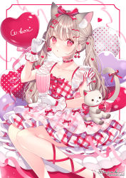 Rule 34 | 1girl, :o, animal ears, balloon, blush, bow, breasts, brown hair, cat ears, cat girl, cat tail, choker, cleavage, collarbone, commentary request, dress, feet out of frame, food, gloves, hair ornament, hairclip, hand up, heart, heart balloon, heart hair ornament, highres, holding, holding food, long hair, looking at viewer, original, parted lips, plaid, plaid dress, polka dot, red bow, red choker, red eyes, red footwear, shoes, signature, sleeveless, sleeveless dress, small breasts, solo, stuffed animal, stuffed cat, stuffed toy, tail, tail bow, tail ornament, twintails, twitter username, very long hair, wasabi (sekai), white background, white dress, white gloves