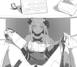 Rule 34 | 1boy, 1girl, artificial vagina, bare shoulders, belt, blunt bangs, closed mouth, desk, facial mark, girls&#039; frontline, gloves, green eyes, hair ornament, hetero, highres, hk416 (girls&#039; frontline), hk416 (mod3) (girls&#039; frontline), jewelry, long hair, long sleeves, looking at viewer, mod3 (girls&#039; frontline), pants, pov, ring, sex toy, smile, solo focus, spot color, trove, under table