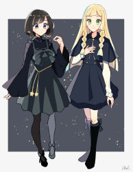 Rule 34 | 2girls, alternate costume, black dress, black footwear, blonde hair, blush, boots, border, braid, buttons, closed mouth, commentary request, creatures (company), dress, eyelashes, game freak, green eyes, grey background, grey eyes, hand up, highres, knees, lillie (pokemon), long hair, looking at viewer, multiple girls, nintendo, pantyhose, parted lips, pokemon, pokemon sm, selene (pokemon), shoes, signature, smile, standing, tere asahi, twin braids, white border