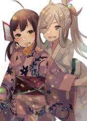 Rule 34 | 2girls, ahoge, asashimo (kancolle), bent over, bow, brown hair, eyes visible through hair, fujinami (kancolle), fur trim, green eyes, hair bow, japanese clothes, kantai collection, kimono, long sleeves, looking at viewer, mouth hold, multiple girls, obi, one eye closed, pink kimono, protected link, rinto (rint rnt), sash, silver hair, simple background, smile, standing, white background, white kimono, yellow eyes
