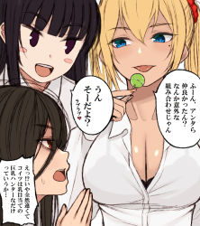 Rule 34 | 3girls, :p, black bra, black hair, blonde hair, blue eyes, blush stickers, bra, bra visible through clothes, breasts, brown hair, candy, cleavage, cocq taichou, food, gyaru, hair between eyes, hair ornament, hair scrunchie, holding, holding candy, holding food, holding lollipop, kogal, large breasts, lollipop, looking at another, mole, mole under eye, multiple girls, one side up, original, profile, purple eyes, red eyes, school uniform, scrunchie, shirt, sideways mouth, smile, tongue, tongue out, translation request, underwear, white shirt