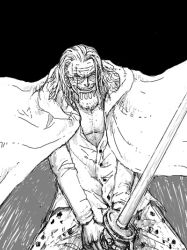 Rule 34 | 1boy, beard, cloak, facial hair, glasses, katana, looking at viewer, male focus, monochrome, old, old man, one piece, open collar, sabaody archipelago, scar, silvers rayleigh, solo, sword, weapon