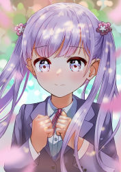 Rule 34 | 1girl, absurdres, blurry, blurry foreground, closed mouth, collared shirt, dappled sunlight, dress shirt, highres, jacket, long hair, long sleeves, looking at viewer, neck ribbon, new game!, ninato50108, pink eyes, pink ribbon, purple hair, purple jacket, ribbon, shirt, smile, solo, spring (season), sunlight, suzukaze aoba, upper body, very long hair, white shirt, wing collar