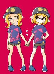 Rule 34 | 2girls, bad id, bad twitter id, baseball cap, clothes writing, comamawa, hand on own hip, hat, highres, holding hands, inkling, inkling girl, inkling player character, looking at another, matching outfits, multiple girls, nintendo, octoling, octoling girl, octoling player character, orange eyes, orange hair, pink background, pointy ears, short hair, short shorts, shorts, shorts under skirt, smile, splatoon (series), splatoon 2, standing, tentacle hair