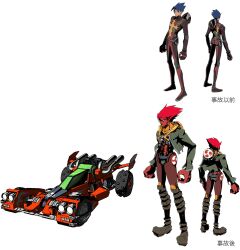 Rule 34 | 1boy, blue hair, car, character sheet, colored skin, dual persona, full body, male focus, motor vehicle, official art, promotional art, racing suit, red hair, red skin, tailenders, tomoe shiro, vehicle