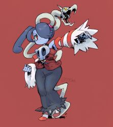 Rule 34 | 1girl, 770mk, bare shoulders, blue hair, blue skin, colored skin, detached collar, dress, fangs, frown, full body, hair over one eye, leviathan (skullgirls), looking at viewer, red background, red eyes, skeletal arm, skull, skullgirls, slippers, snake, squigly (skullgirls), stitched mouth, stitches, striped sleeves, twitter username, zombie