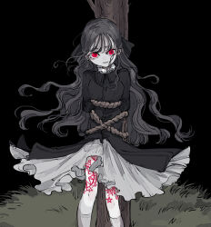 Rule 34 | 1girl, arms behind back, black background, body writing, bound, bow, brown hair, dress, floating hair, grass, hair bow, highres, kneehighs, long hair, looking at viewer, magic circle, original, red eyes, rope, satou uzura, smile, socks, solo, star (symbol), tied up (nonsexual), tree, wavy hair, wind, wind lift, witch