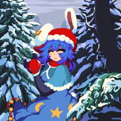 Rule 34 | 1girl, animal ears, blue capelet, blue hair, capelet, closed mouth, crescent print, earclip, grey sky, hat, long sleeves, medium hair, outdoors, pine tree, pixel art, rabbit ears, rabbit girl, red hat, rioku, santa hat, seiran (touhou), sky, smile, snow, solo, standing, star (symbol), touhou, tree