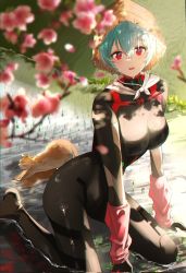 Rule 34 | 1girl, ayanami rei, black bodysuit, blue hair, blurry, blurry foreground, blush, bodysuit, branch, breasts, cat, cherry blossoms, commentary, dappled sunlight, day, evangelion: 3.0+1.0 thrice upon a time, flower, full body, grass, hair between eyes, hat, highres, isobe47, light blue hair, looking at viewer, medium breasts, neon genesis evangelion, open mouth, outdoors, plugsuit, rebuild of evangelion, red eyes, rice hat, rice paddy, short hair, sitting, skin tight, solo, straw hat, stretching, sunlight, water