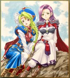 2girls armor artist_name blue_hat blue_sky brown_footwear closed_mouth cloud dagger dress emerald_dragon green_hair hat kimura_akihiro knife long_braid long_dress marker_(medium) multiple_girls outdoors pharna_(emerald_dragon) photo_(medium) purple_hair red_eyes rock sheath sheathed shoulder_armor sitting sky smile tamrin_(emerald_dragon) traditional_media weapon white_dress yellow_eyes