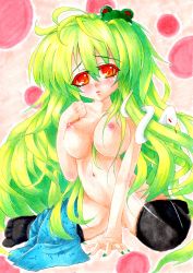 Rule 34 | 1girl, absurdres, bad id, bad pixiv id, breasts, green hair, highres, large breasts, long hair, looking at viewer, marker (medium), nail polish, nipples, nude, red eyes, snake, solo, thighhighs, tinkvov, traditional media, very long hair