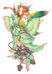 Rule 34 | 1girl, absurdres, avalon code, braid, chain, detached sleeves, female focus, flower, full body, green eyes, haccan, headdress, highres, long hair, mieli, official art, orange hair, pointy ears, simple background, solo, white background