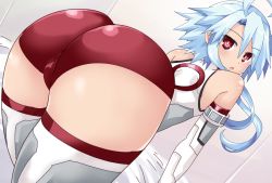 Rule 34 | 1girl, ass, ass focus, bare shoulders, blue hair, elbow gloves, from behind, gloves, highres, huge ass, iwashi dorobou -r-, leotard, looking back, neptune (series), open mouth, power symbol, red eyes, short hair, short hair with long locks, solo, symbol-shaped pupils, white heart (neptunia)