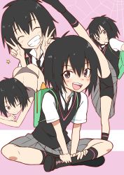 Rule 34 | 1girl, ^ ^, backpack, bag, bike shorts, black hair, black legwear, black neckwear, black shorts, black sweater vest, blush, brown eyes, closed eyes, closed mouth, double v, flat chest, highres, indian style, leg up, looking at viewer, marvel, multiple views, necktie, one eye closed, open mouth, peni parker, pleated skirt, school uniform, shirt, short hair, shorts, shorts under skirt, silk, simple background, sitting, skirt, smile, socks, spider-man: into the spider-verse, spider-man (series), spider-verse, spider web, standing, standing on one leg, sweater, sweater vest, underwear, v, yuto (dialique)