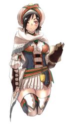 Rule 34 | 1girl, bherna (armor), black hair, breasts, gloves, looking at viewer, monster hunter (series), monster hunter x, one eye closed, short hair, skirt, smile, solo, thick thighs, thighhighs