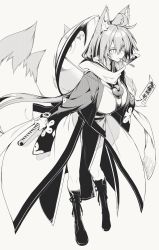 Rule 34 | 10mo, 1girl, ahoge, animal ear fluff, animal ears, blush, boots, breasts, fox ears, fox tail, greyscale, hair between eyes, hat on back, highres, holding, holding sword, holding weapon, japanese clothes, kimono, large breasts, long sleeves, looking at viewer, monochrome, mouth hold, murasame sukehiro (tenka hyakken), simple background, solo, stalk in mouth, sword, tail, talisman, tenka hyakken, weapon, white background